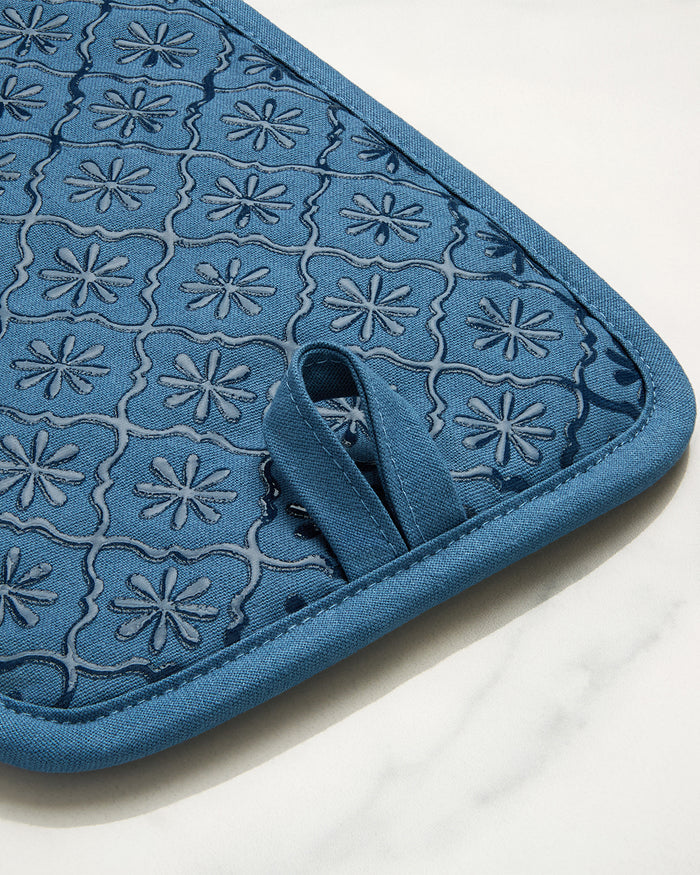 Geometric Floral Pot Holder Set in Blue