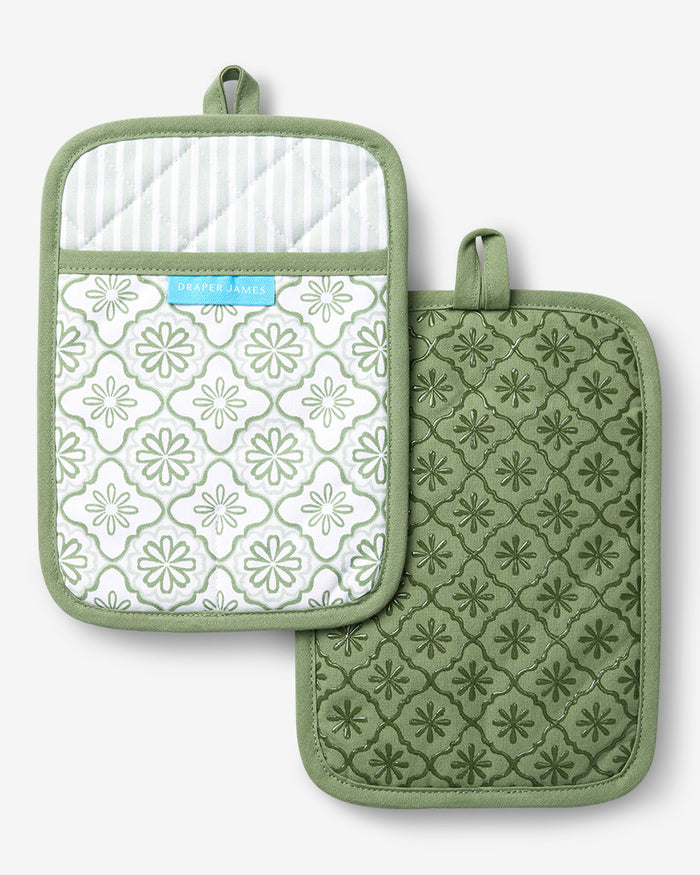 Geometric Floral Pot Holder Set in Seafoam