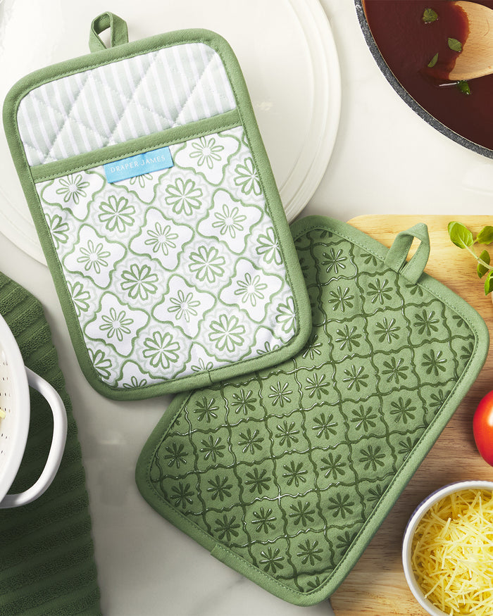 Geometric Floral Pot Holder Set in Seafoam