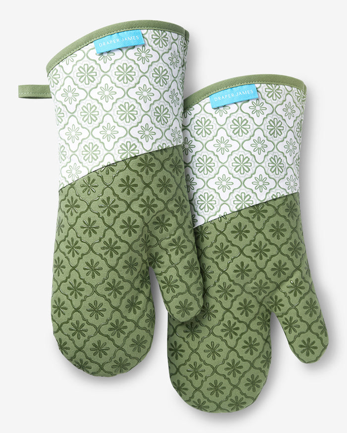 Geometric Floral Silicone Oven Mitt Set in Seafoam