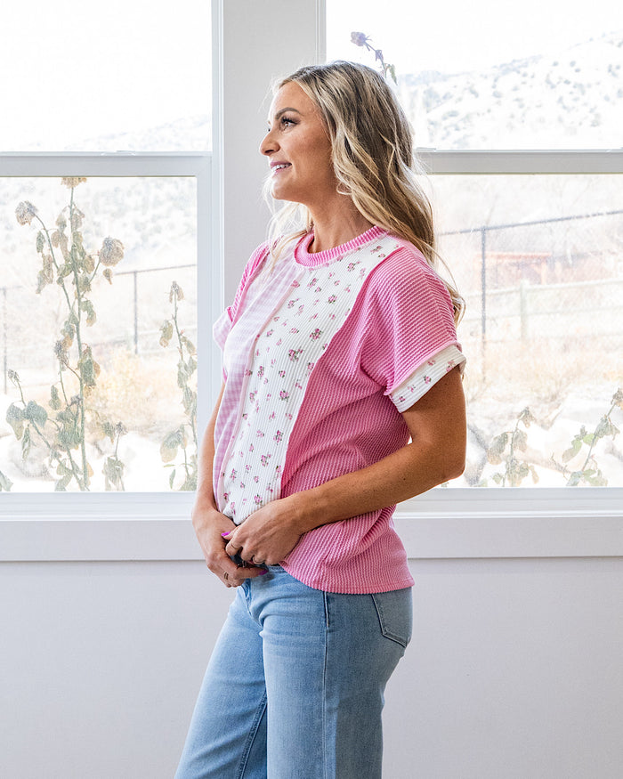 Georgia Gingham and Floral Color Block Corded Top - Pink Lovely Melody