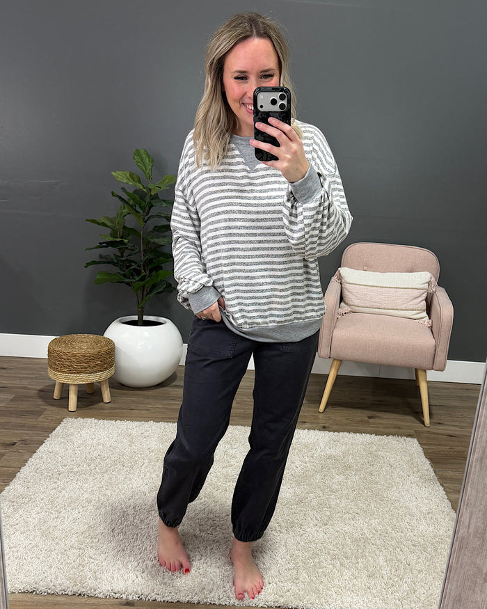 Gianna Striped Drop Shoulder Top - Heather Gray Lovely Melody