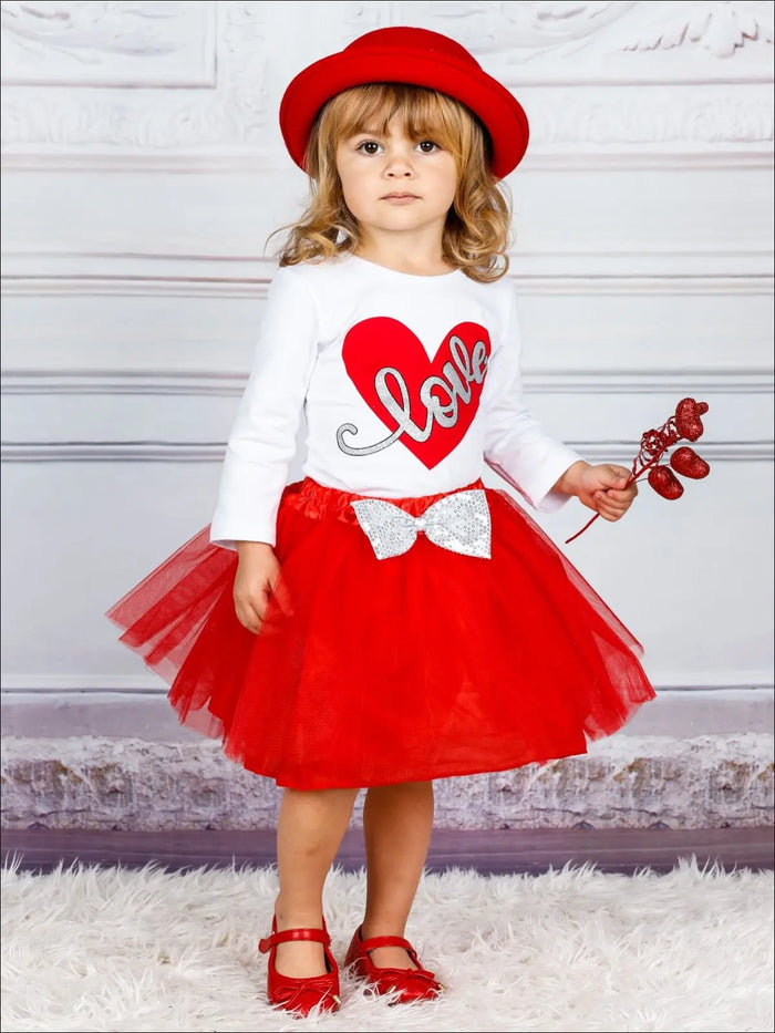 Girls Long Sleeve Love Top & Sequin Bow Tutu Skirt Set - Girls Fall Casual Set