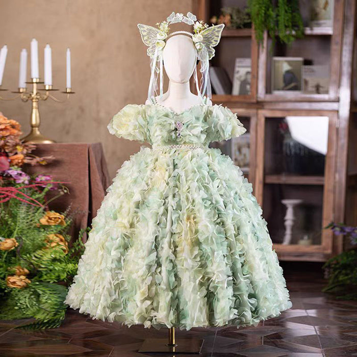 Gorgeous Flower-adorned Flower Girl Dress With Headdress Green J289