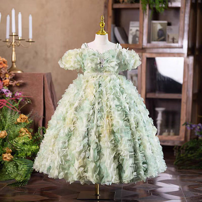 Gorgeous Flower-adorned Flower Girl Dress With Headdress Green J289