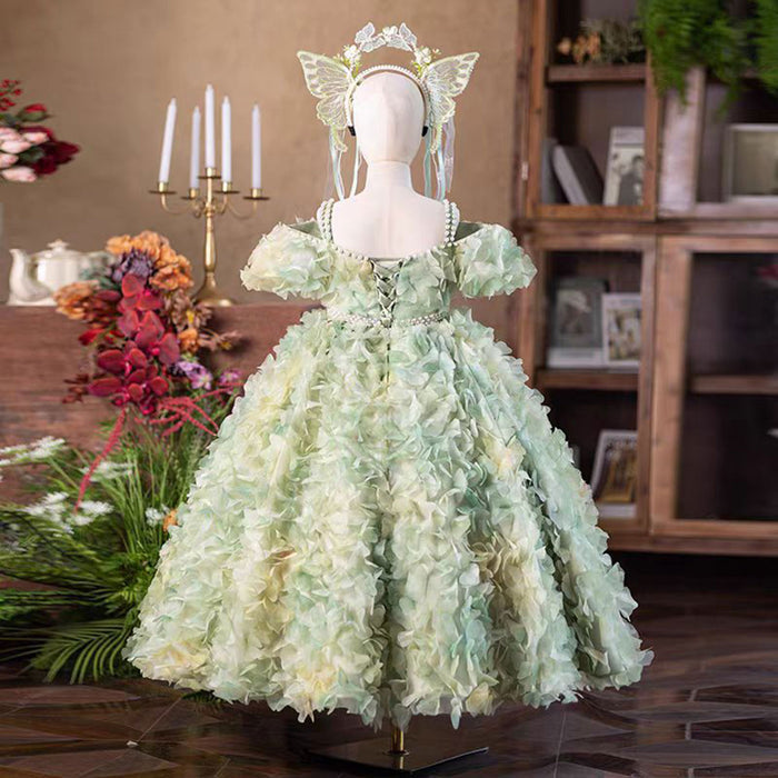 Gorgeous Flower-adorned Flower Girl Dress With Headdress Green J289