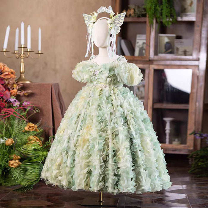 Gorgeous Flower-adorned Flower Girl Dress With Headdress Green J289