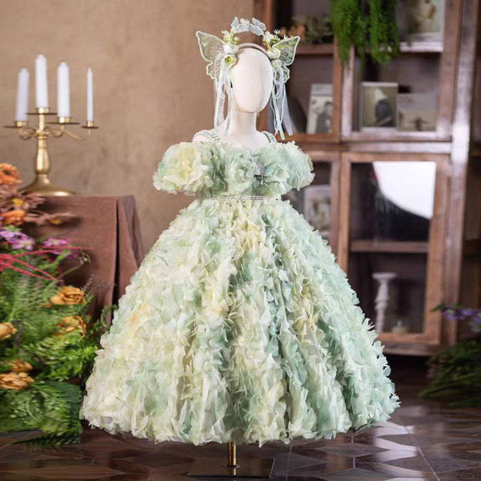 Gorgeous Flower-adorned Flower Girl Dress With Headdress Green J289