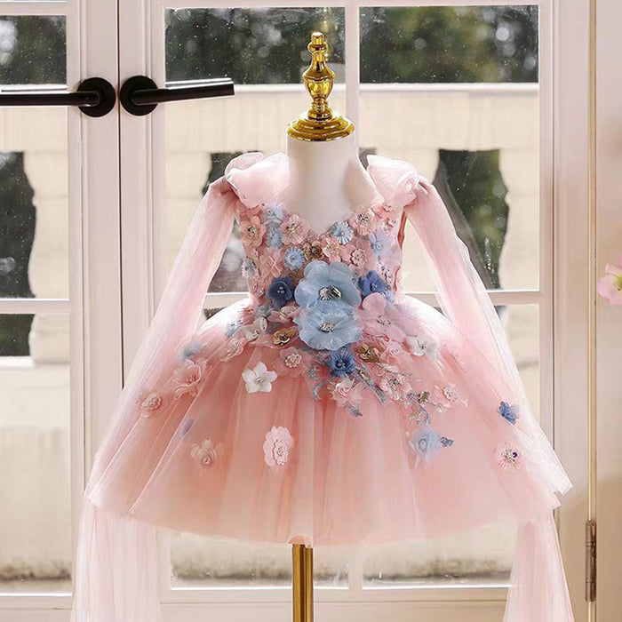 Gorgeous V-Neck Applique Cap-Sleeve Flower Girl Dress Pink J535