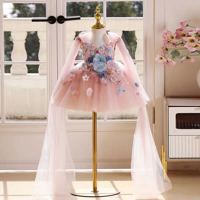 Gorgeous V-Neck Applique Cap-Sleeve Flower Girl Dress Pink J535