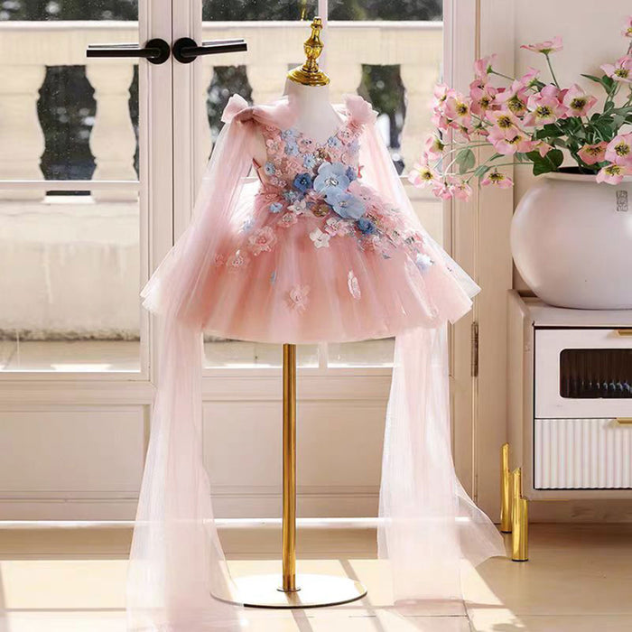 Gorgeous V-Neck Applique Cap-Sleeve Flower Girl Dress Pink J535