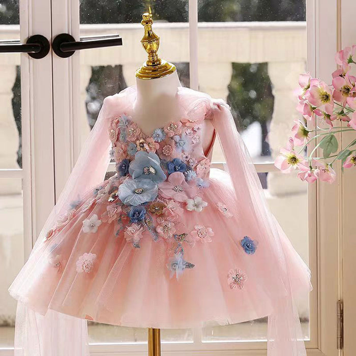 Gorgeous V-Neck Applique Cap-Sleeve Flower Girl Dress Pink J535