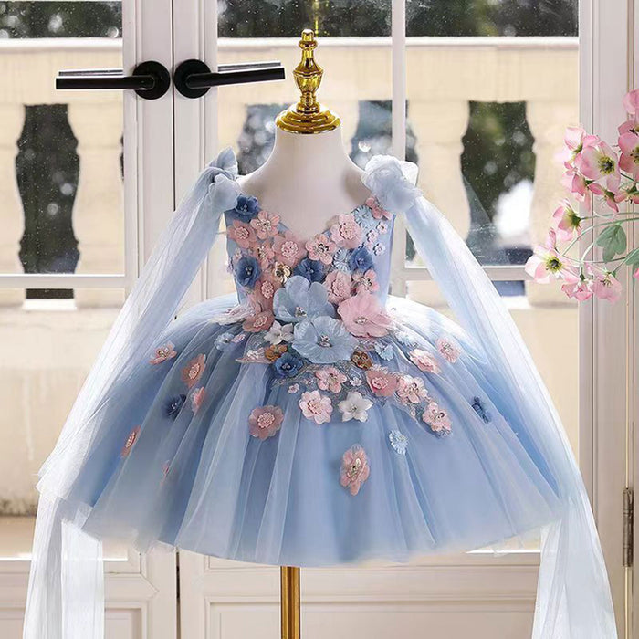 Gorgeous V-Neck Applique Cap-Sleeve Flower Girl Dress Pink J535