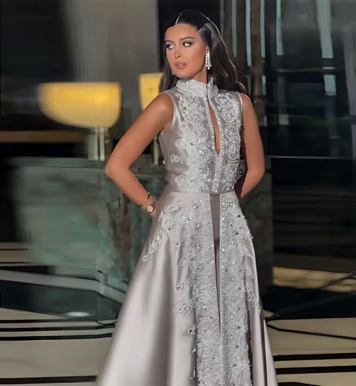 Gray Satin High Neck Evening Dress with Embroidery XD-003