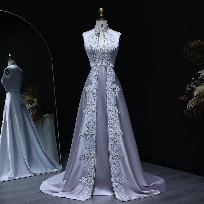 Gray Satin High Neck Evening Dress with Embroidery XD-003
