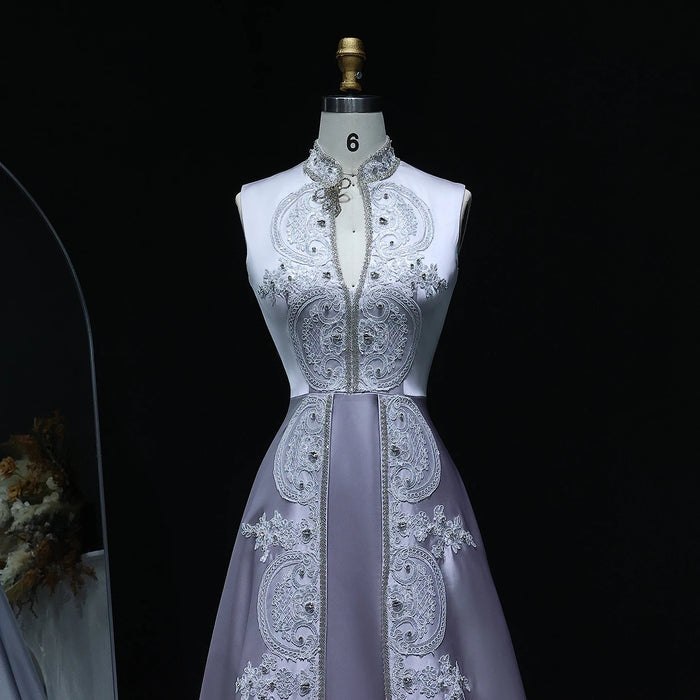 Gray Satin High Neck Evening Dress with Embroidery XD-003