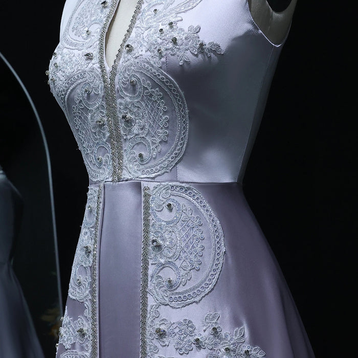 Gray Satin High Neck Evening Dress with Embroidery XD-003