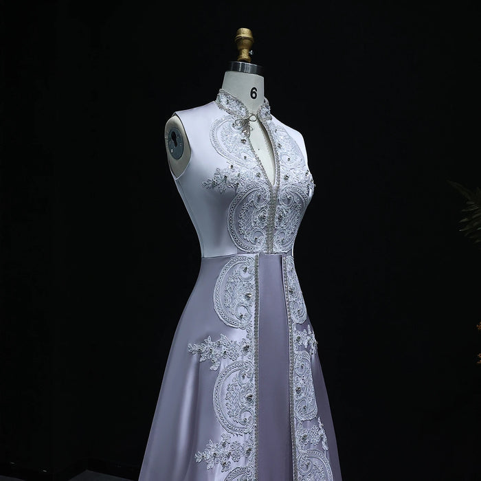 Gray Satin High Neck Evening Dress with Embroidery XD-003