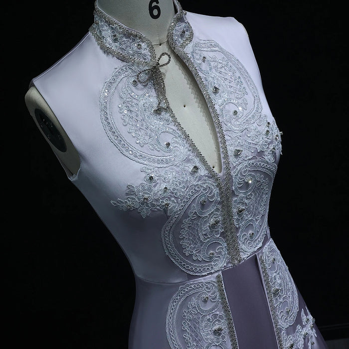 Gray Satin High Neck Evening Dress with Embroidery XD-003
