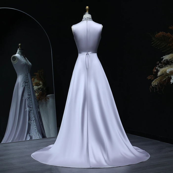 Gray Satin High Neck Evening Dress with Embroidery XD-003