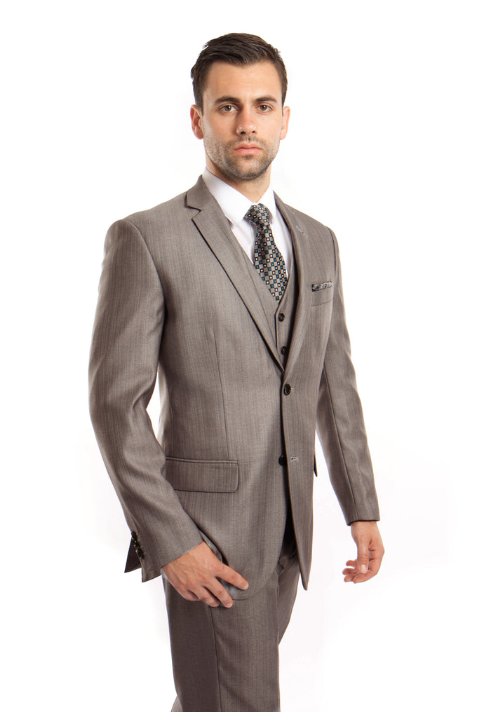 Gray Solid Shiny Sharkskin 3-PC Regular Modern Fit Suits For Men - Giorgio's Menswear