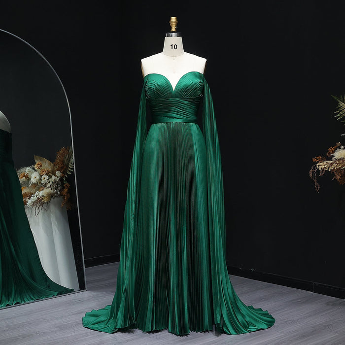 Green Off Shoulder Pleats Long Sleeve Evening Dress SF210