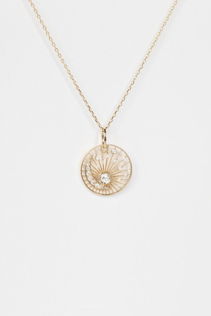 Grey Diamond Rosecut & Diamond Moon Open Sun Necklace - 14k Yellow Gold