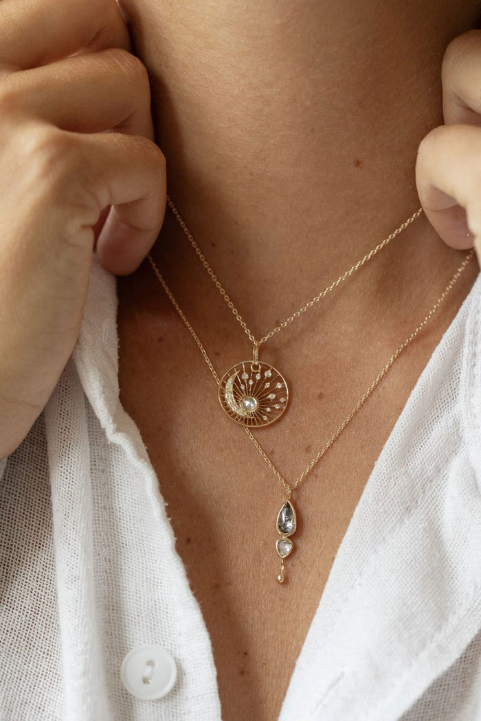 Grey Diamond Rosecut & Diamond Moon Open Sun Necklace - 14k Yellow Gold
