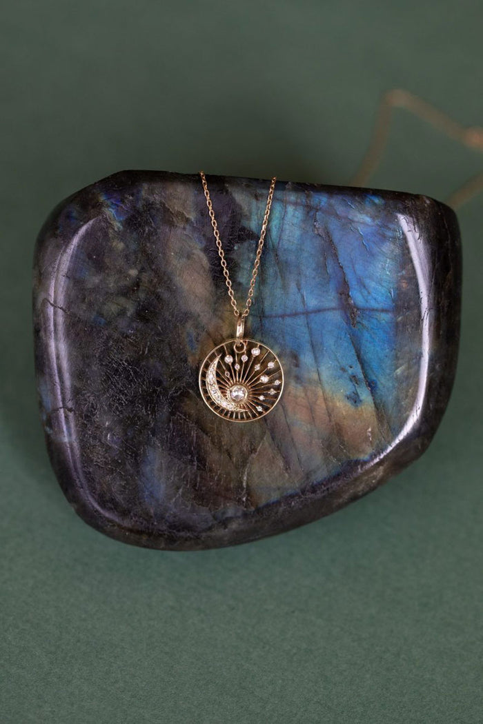 Grey Diamond Rosecut & Diamond Moon Open Sun Necklace - 14k Yellow Gold