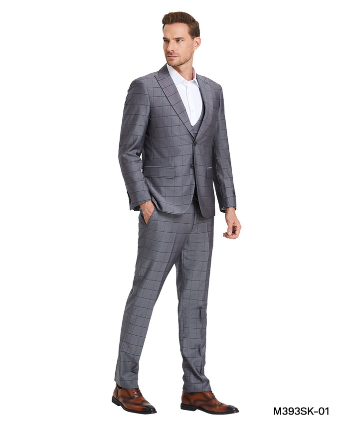 Gunmetal Grey Winndow Plaid - Double Breast U-Shape Vest Mens-suit - Giorgio's Menswear