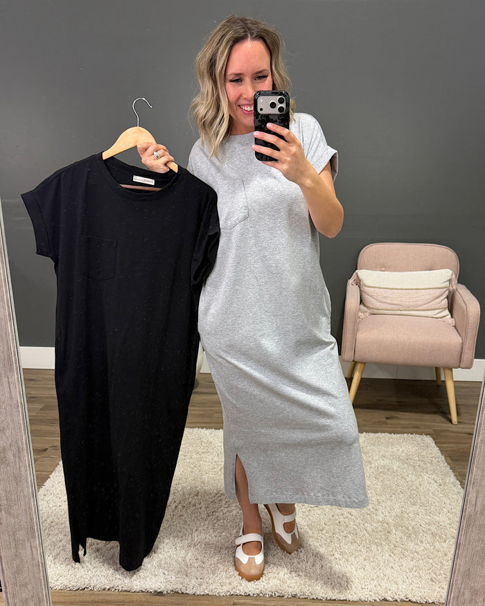 Haven Pocket Midi Dress - Heather Gray Zenana