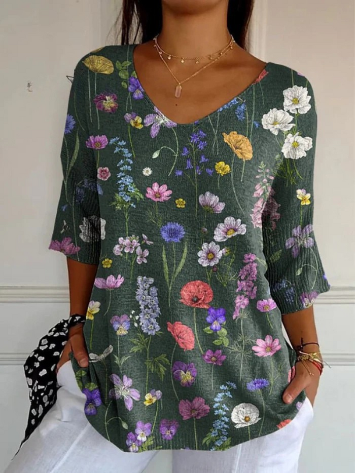 Hazel™ | Vibrant Spring Botanical Garden Print Casual Pullover Knit