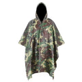 A hooded camouflage poncho with a drawstring, designed for outdoor activities.