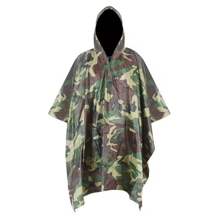 A hooded camouflage poncho with a drawstring, designed for outdoor activities.