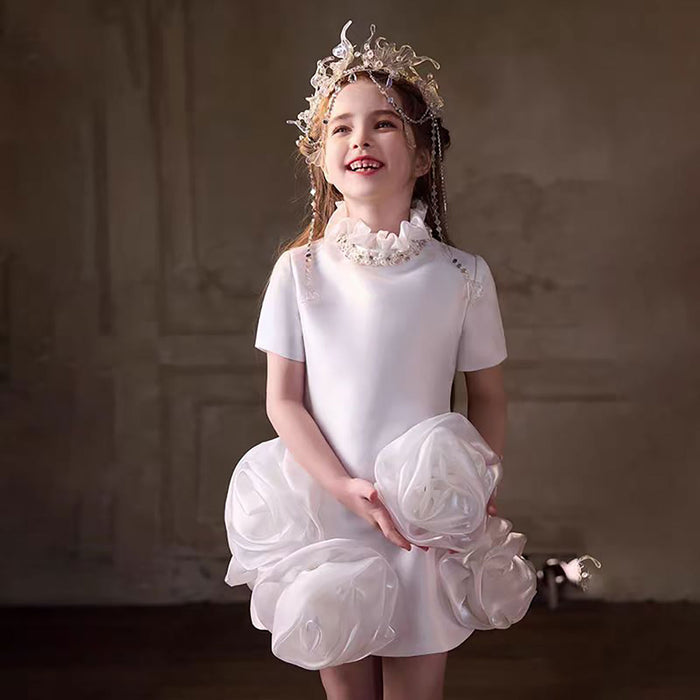 High Neck Crystal 3D Flowers Satin Flower Girl Dress J400
