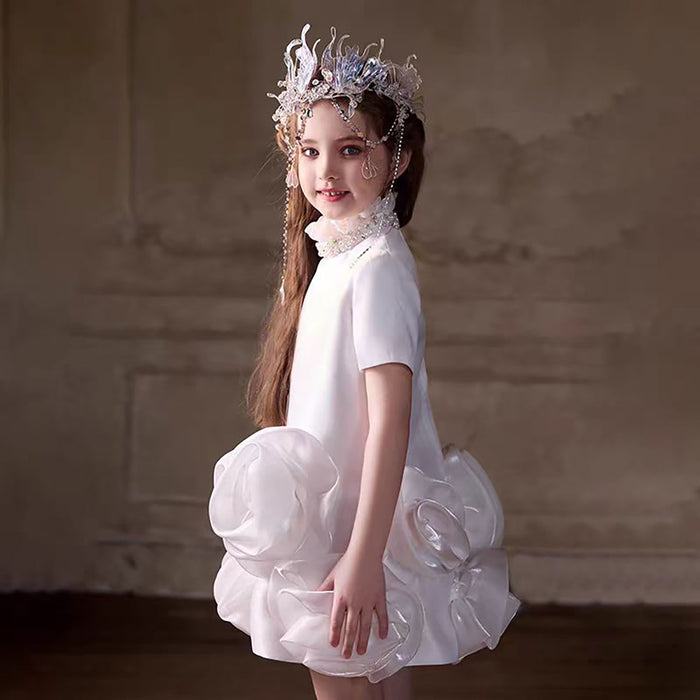 High Neck Crystal 3D Flowers Satin Flower Girl Dress J400