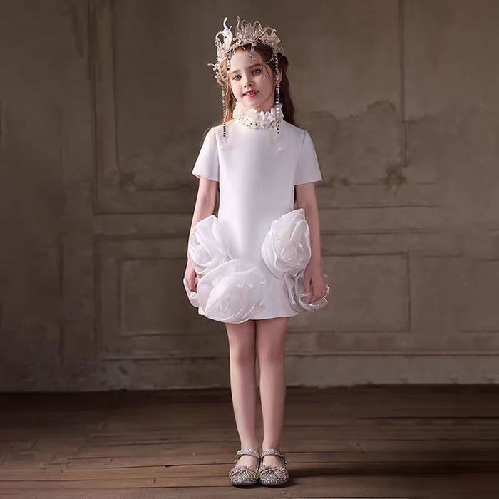 High Neck Crystal 3D Flowers Satin Flower Girl Dress J400