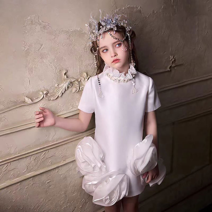 High Neck Crystal 3D Flowers Satin Flower Girl Dress J400