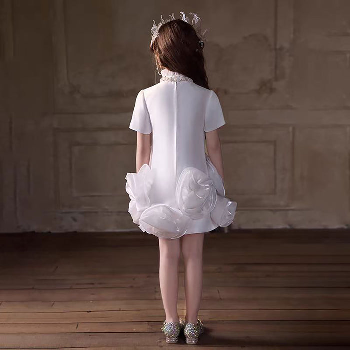 High Neck Crystal 3D Flowers Satin Flower Girl Dress J400