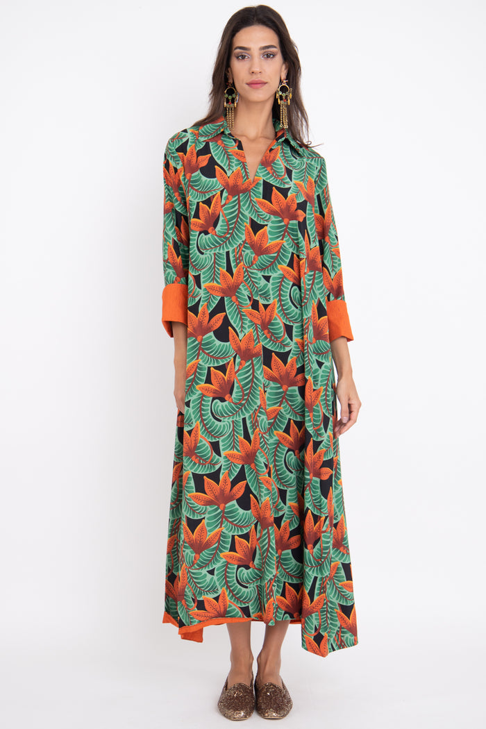 Hilal Silk Foliage Orange & Green Dress