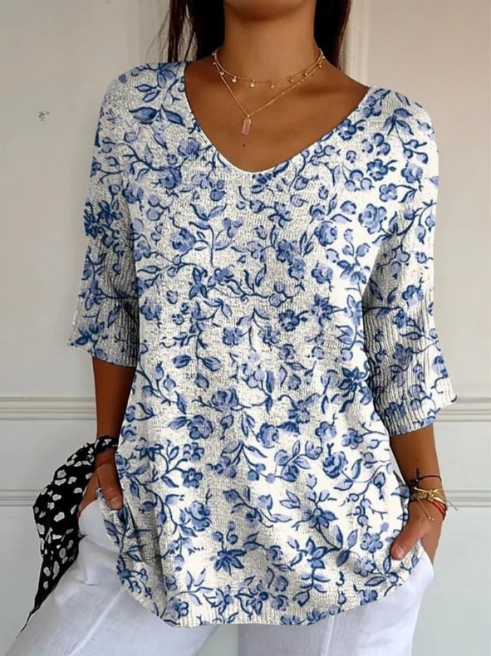 Janet™ | Small Blue Flowers Print Casual Pullover Knit