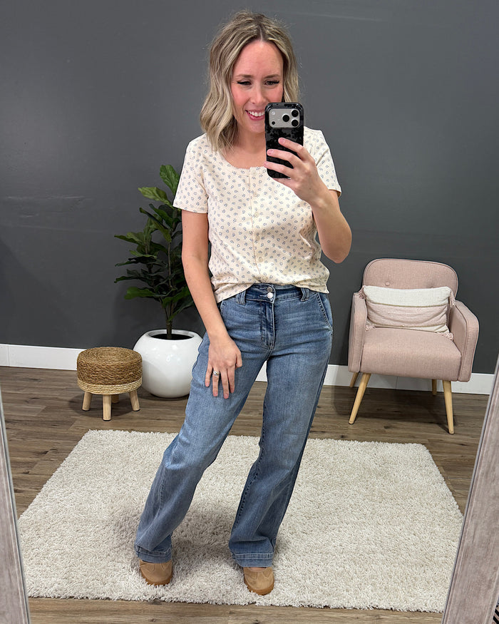 Jas Floral Button Up Knit Top - Cream & Blue FINAL SALE Wishlist