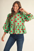 Jodifl 3/4 Button Down Polka Dot Peplum Top In Green