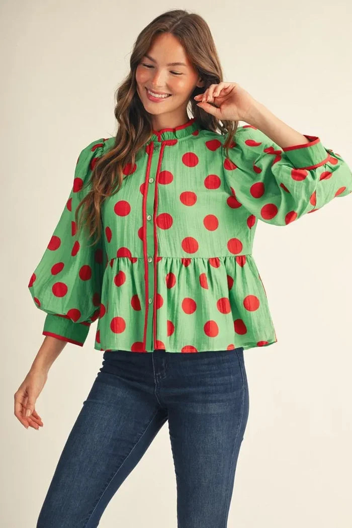 Jodifl 3/4 Button Down Polka Dot Peplum Top In Green