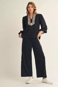 Jodifl Wide Let Knit Pant With Gingham Trim In Black