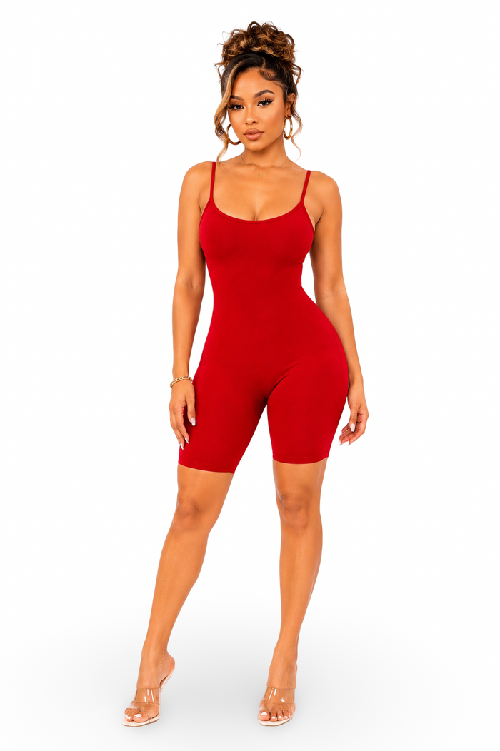 Just Because - Basic Stretch Bodycon Spaghetti Strap Bermuda Romper