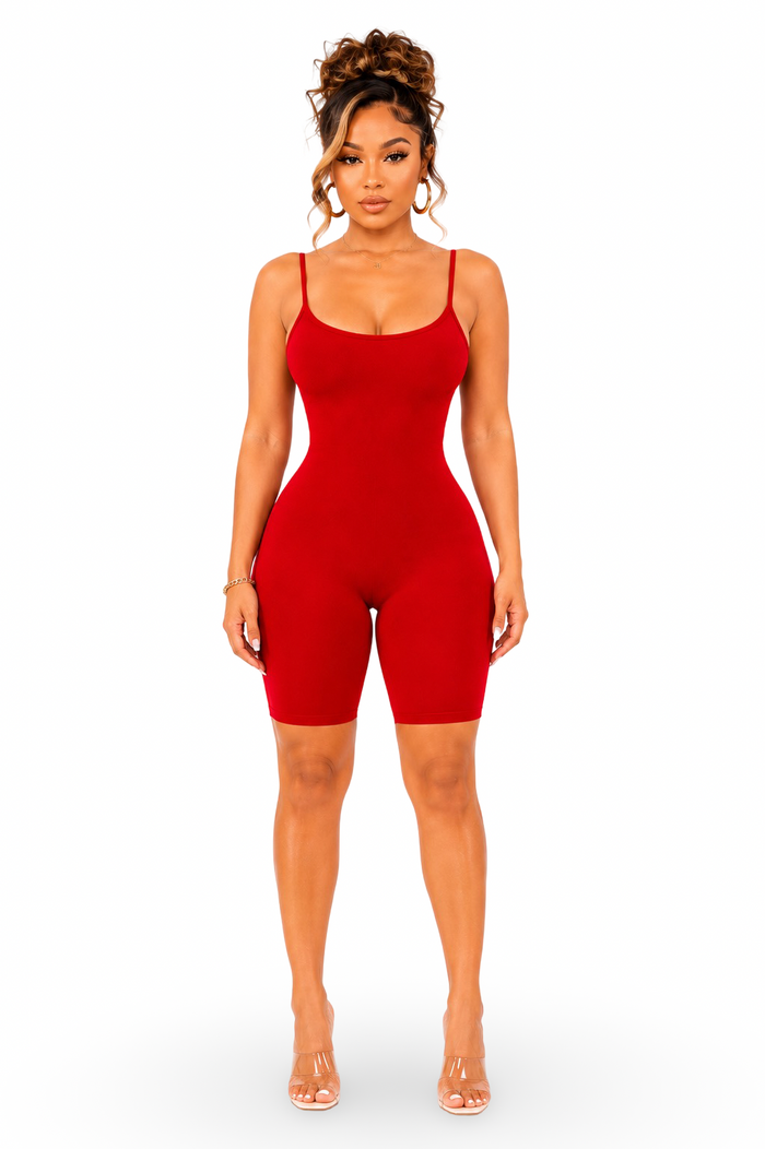 Just Because - Basic Stretch Bodycon Spaghetti Strap Bermuda Romper