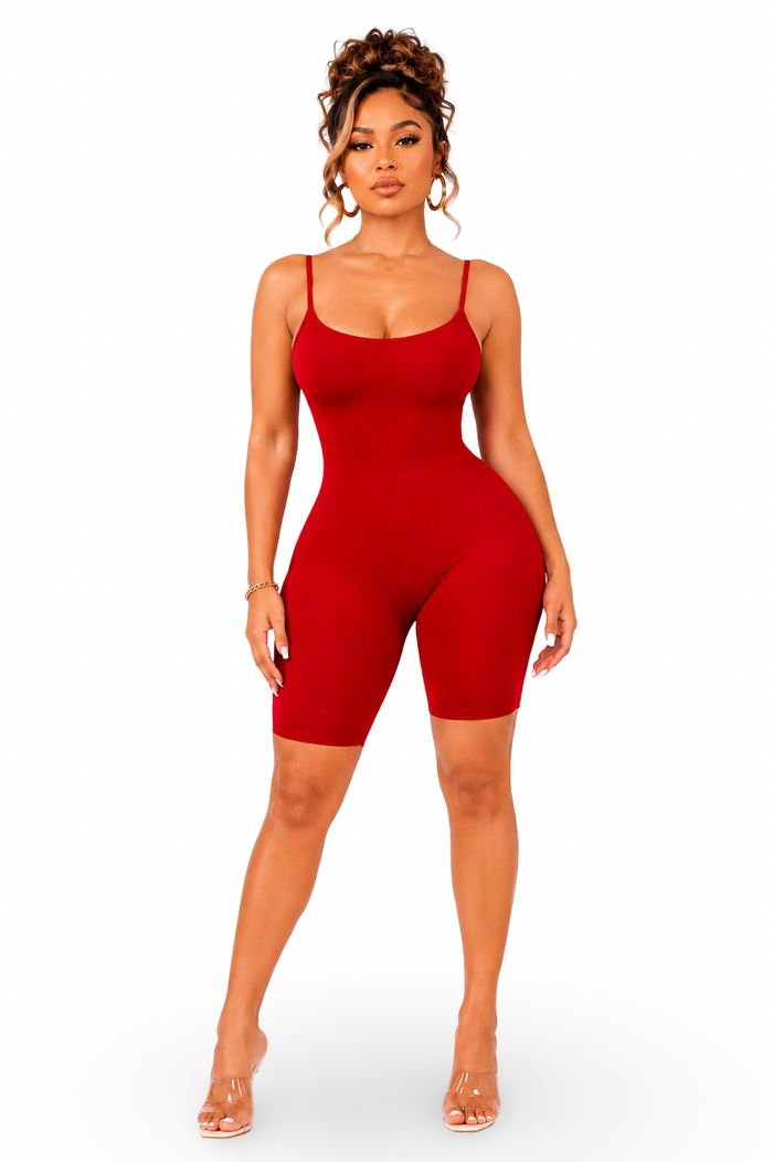 Just Because - Basic Stretch Bodycon Spaghetti Strap Bermuda Romper