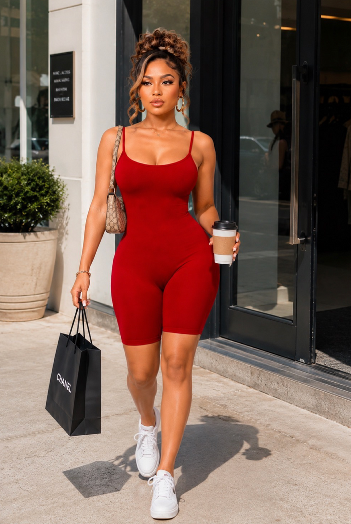 Just Because - Basic Stretch Bodycon Spaghetti Strap Bermuda Romper