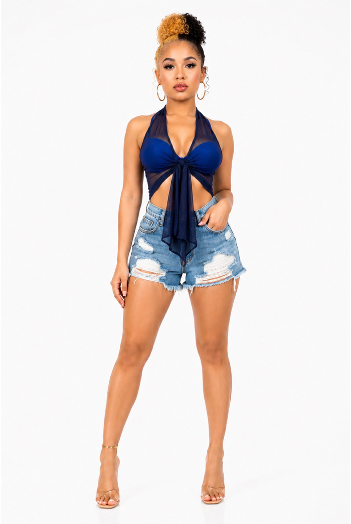 Just Let Go - Sleeveless Stretch Mesh Front Self Tie Crop Top